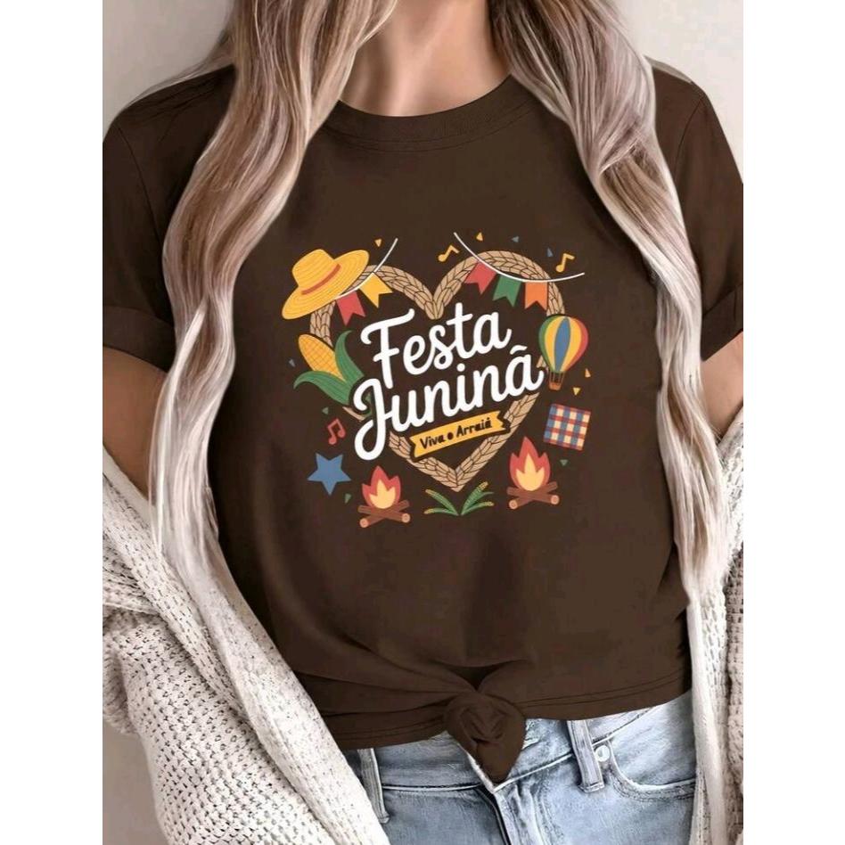 Camiseta Blusa Feminina Estampada Coração Viva O Arraia Festa Junina  100% Algodão Estilosa