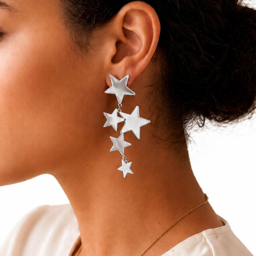 Brinco Feminino Cascata Estrelas Luxo Pendente Blogueira Tendência Festa Folheado aço inoxidável