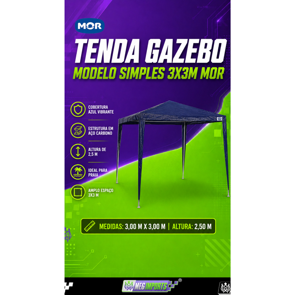 Tenda Gazebo Desmontável 3x3m Barraca Rafia Azul Mor