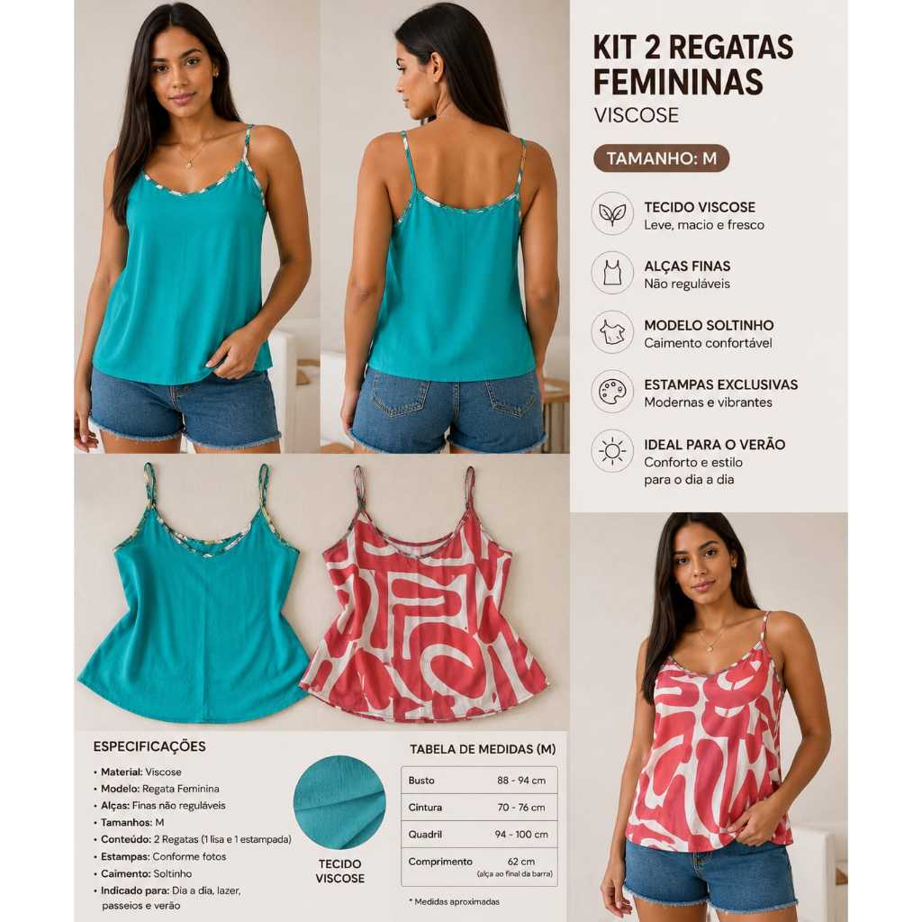 Kit 2 Regatas Femininas Em Viscose Estampada Geométrica Alcinha Verão (M)