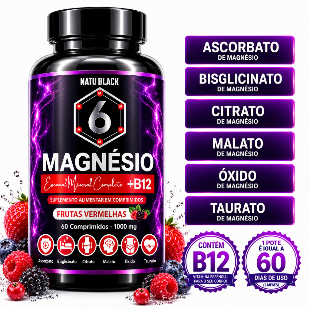6 MAGNÉSIO + B12 METILCOBALAMINA Original Frutas Vermelhas - ENVIO EM 24 HORAS
