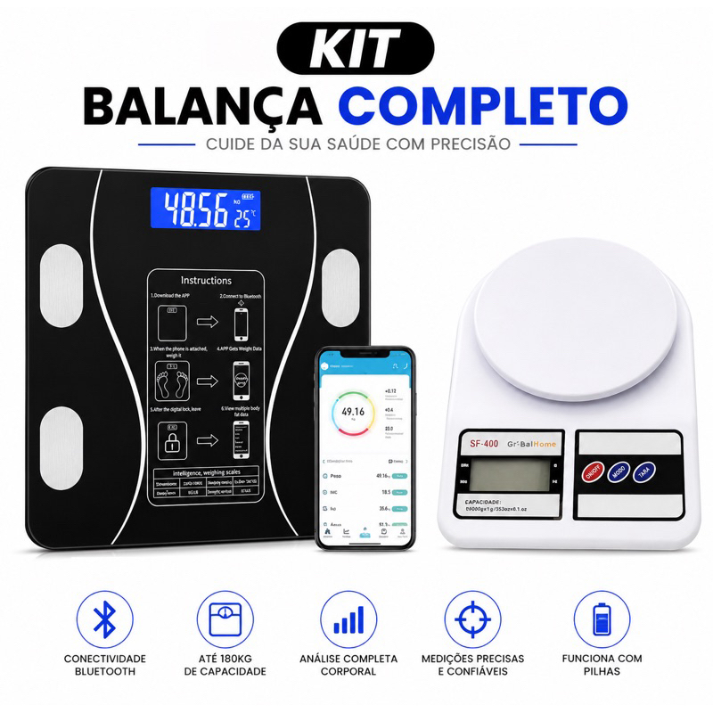 Kit Saúde Completo: Balança Digital + Balança Bioimpedância Corporal IMC Bluetooth