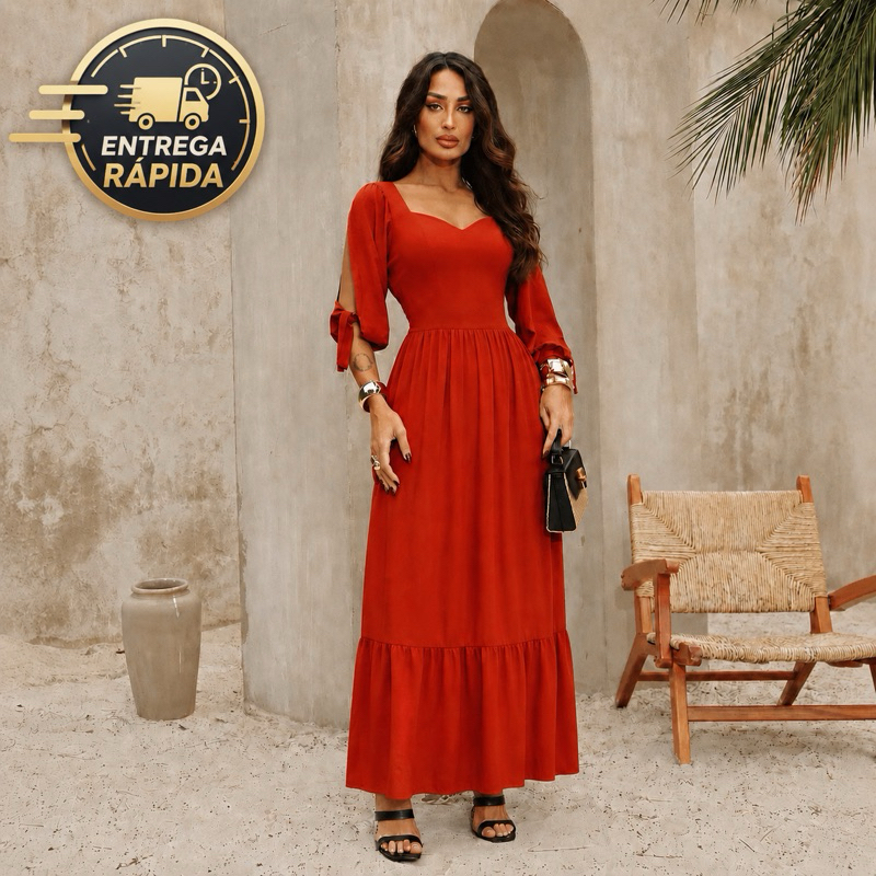 Vestido Feminino Maxi Midi Elegante Viscolinho Premium Decote Princesa Manga 3/4 Duas Marias Confortável Luxo