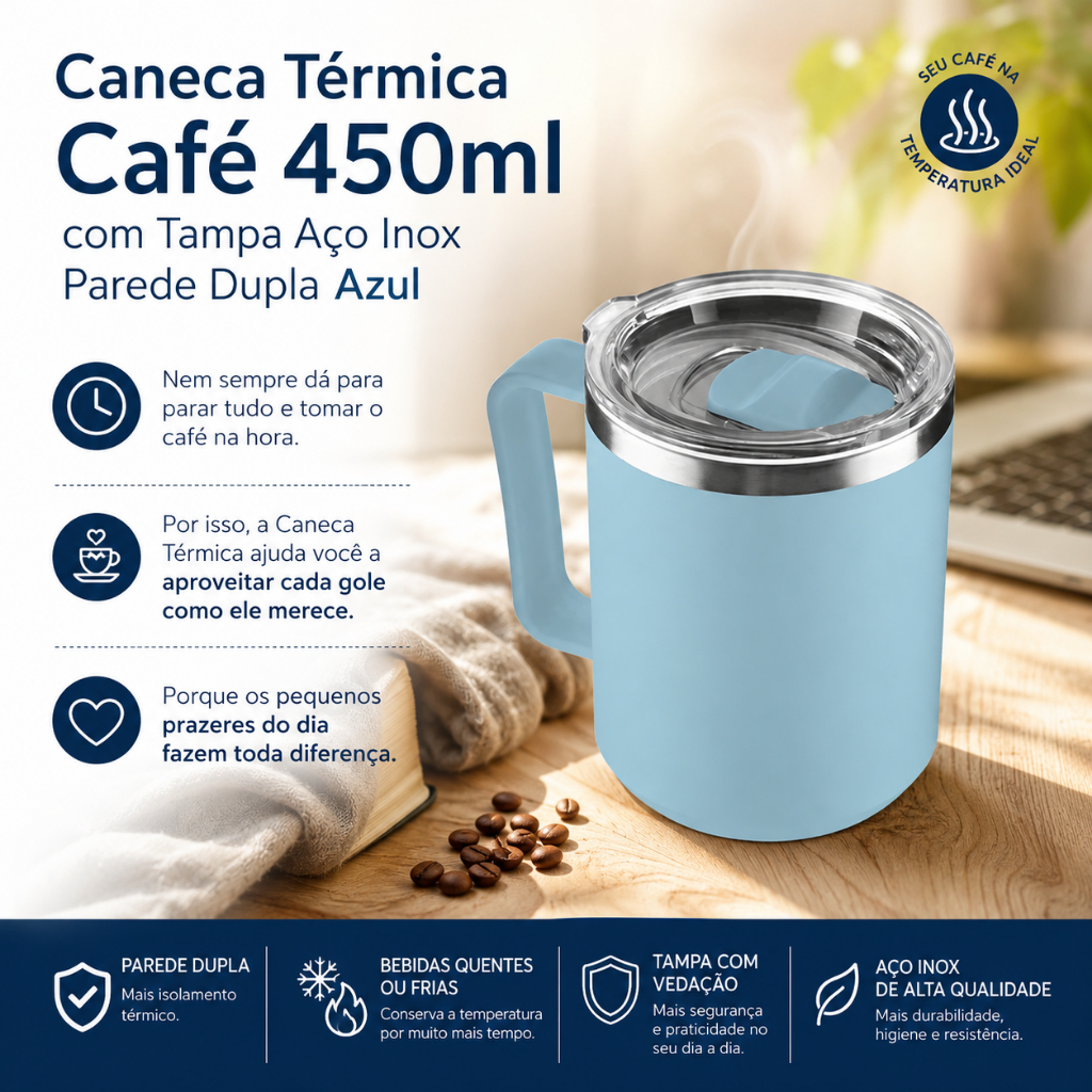 Caneca Copo Térmico Café 450ml com Tampa Aço Inox Parede Dupla Azul