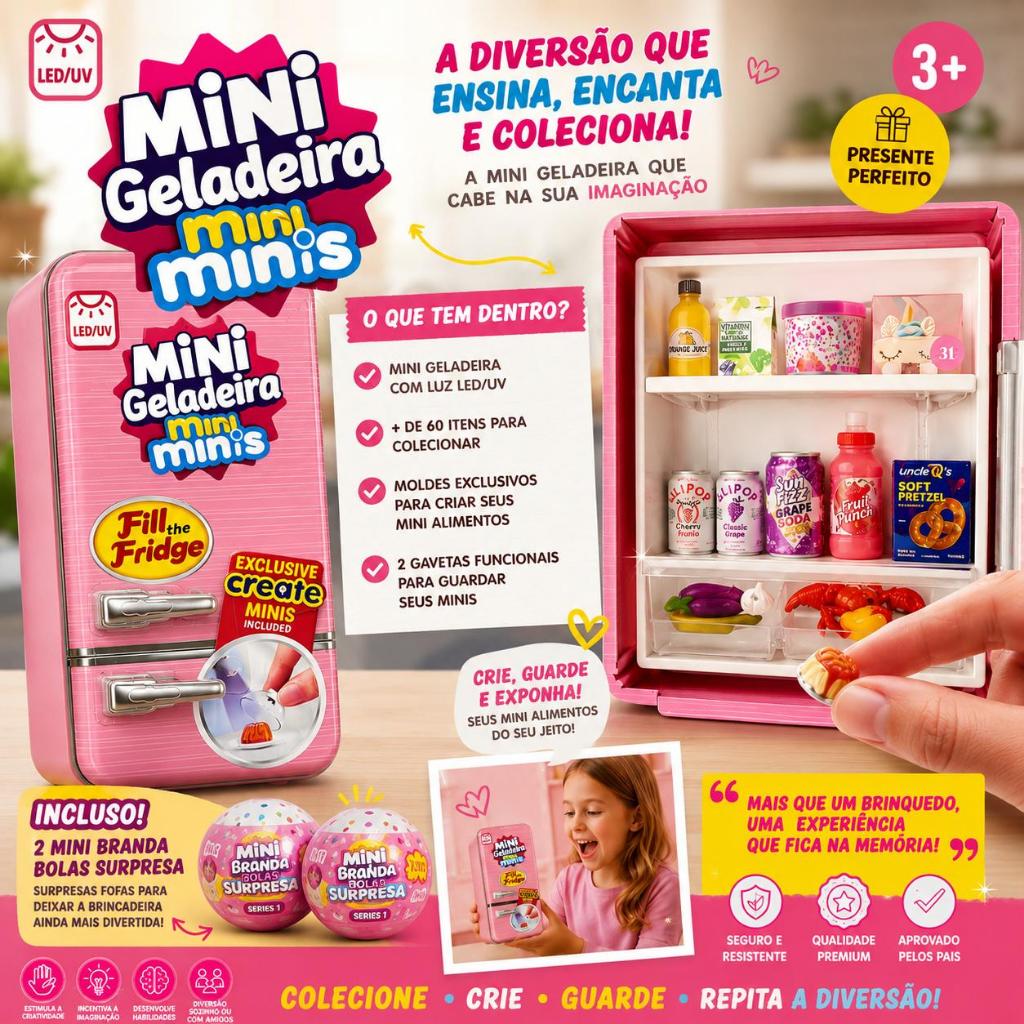 Mini Geladeira Mini Minis Luz Led UV Com 2 Mini Bolas Surpresa Colecionaveis brinquedo educativo