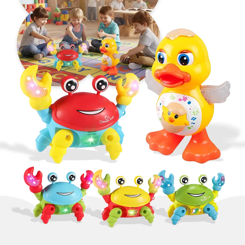 KIT  Pato Dançante + Caranguejo Fujão Luz Som Brinquedo Musical Patinho Carangueijo Dança Interativo