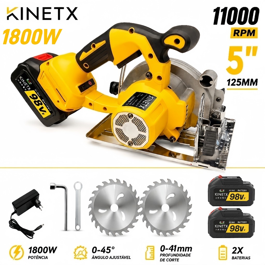 KINETX Serra Circular Sem Fio 2 Baterias 98Vf 125mm 11000RPM 1800W Portátil 5 Polegadas Profissional Recarregável