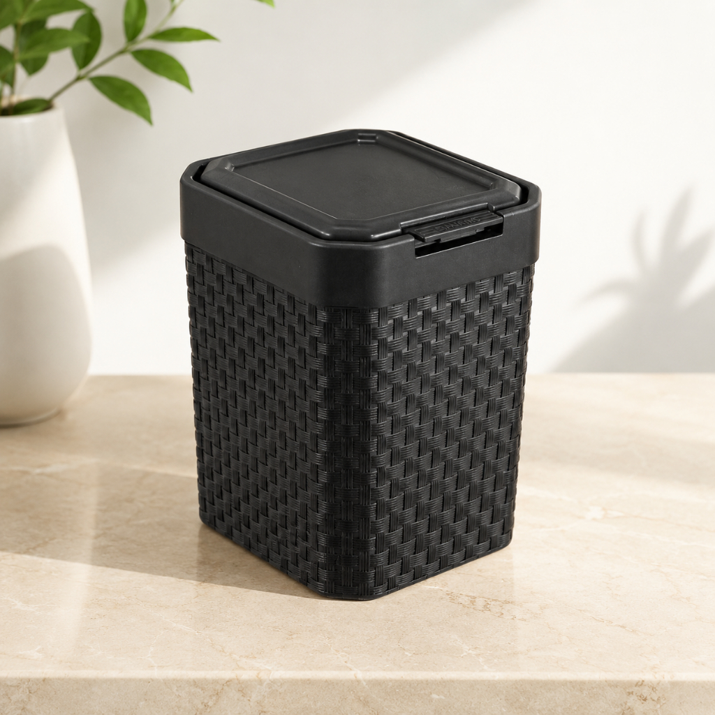 Lixeira Pia Rattan Preta 5L com Tampa Click Compacta para Cozinha Banheiro Lavanderia