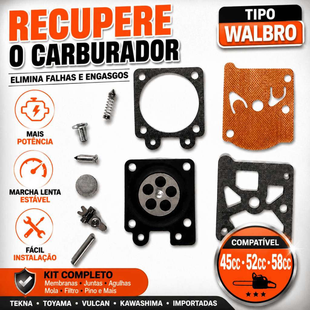 Reparo Carburador Motosserra 45cc 52cc 58cc Kit Completo Tipo Walbro Compatível Tekna Toyama Vulcan