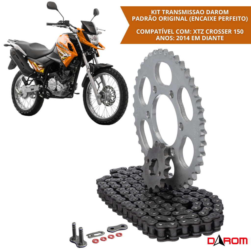 Relação Completa Yamaha XTZ Crosser 150 Kit Transmissão Com Retentor Corrente Coroa Pinhão Alta Qualidade Darom
