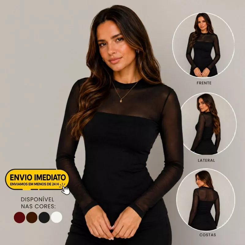 Blusa Tule Feminina Manga Longa Transparente Segunda Pele Elegante Sofisticada Moda Blogueira Varias Cores