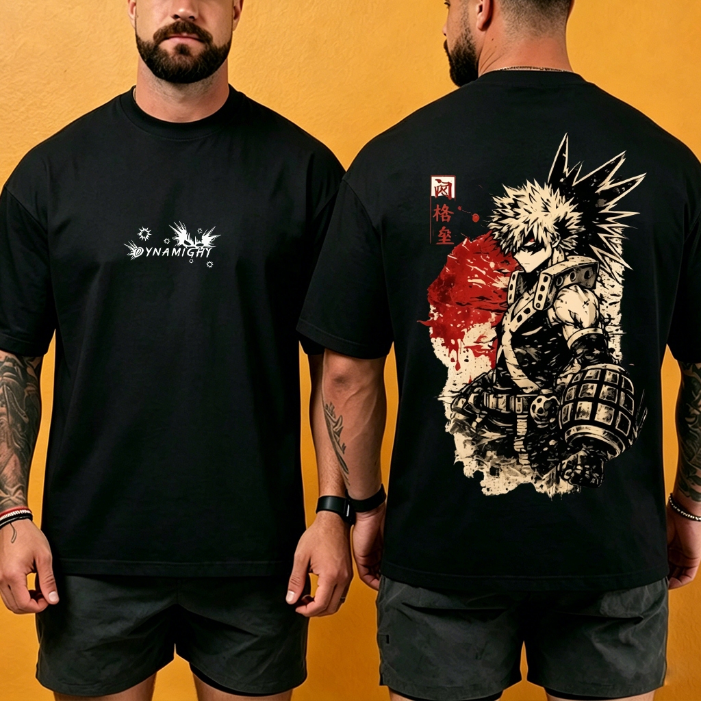 Camiseta Oversized Anime My Hero Academia Bakugo, Camiseta Algodão Dupla Estampa, Tamanhos Grandes até G3 Streetwear