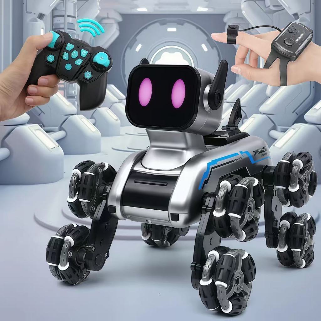 Cachorro Robô RC 8 Rodas Mecanum Duplo Controle Gesto Luz Música Stunt Brinquedo Infantil