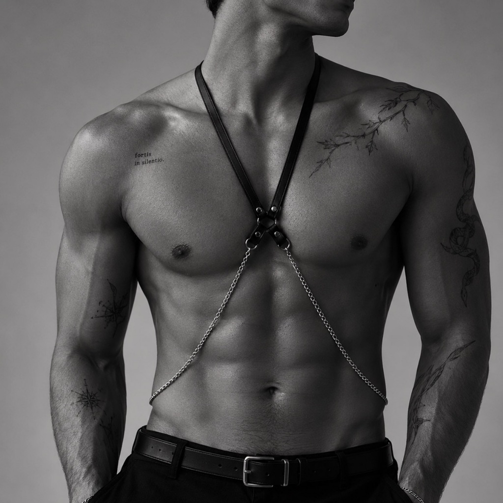 Harness Corrente de Prata e Couro  Body Chain Arreio Busto Masculino