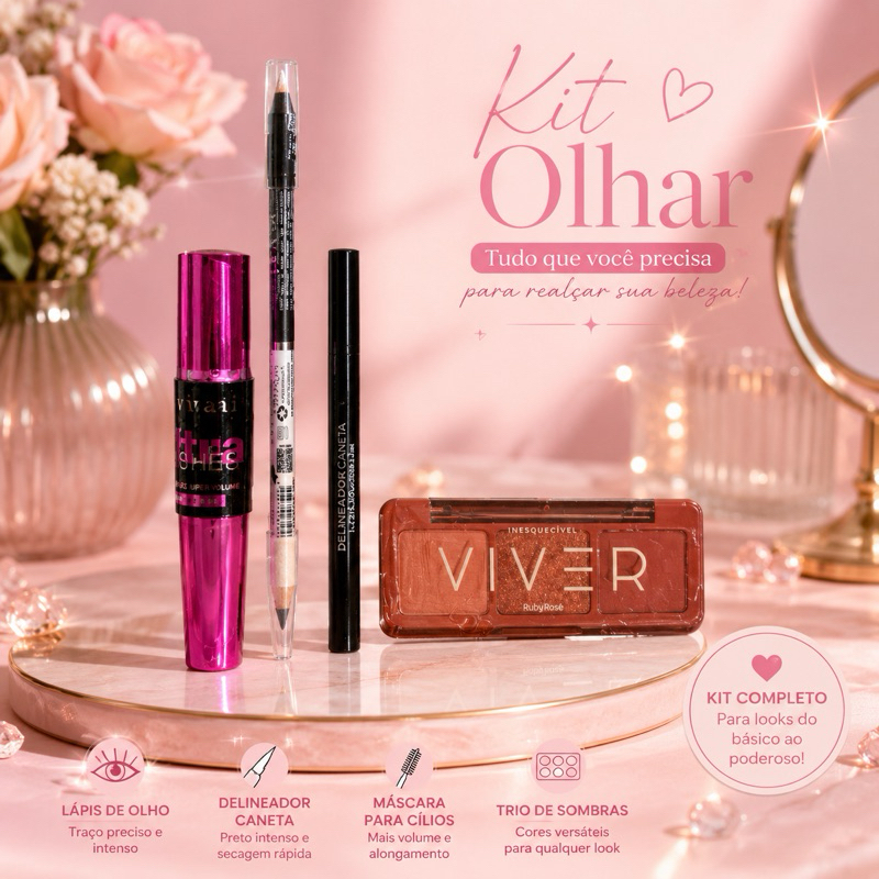 🌟 Kit Maquiagem Completo Olhos Máscara de Cílios + Delineador + Lápis de Olho (preto e branco) + Trio de Sombras