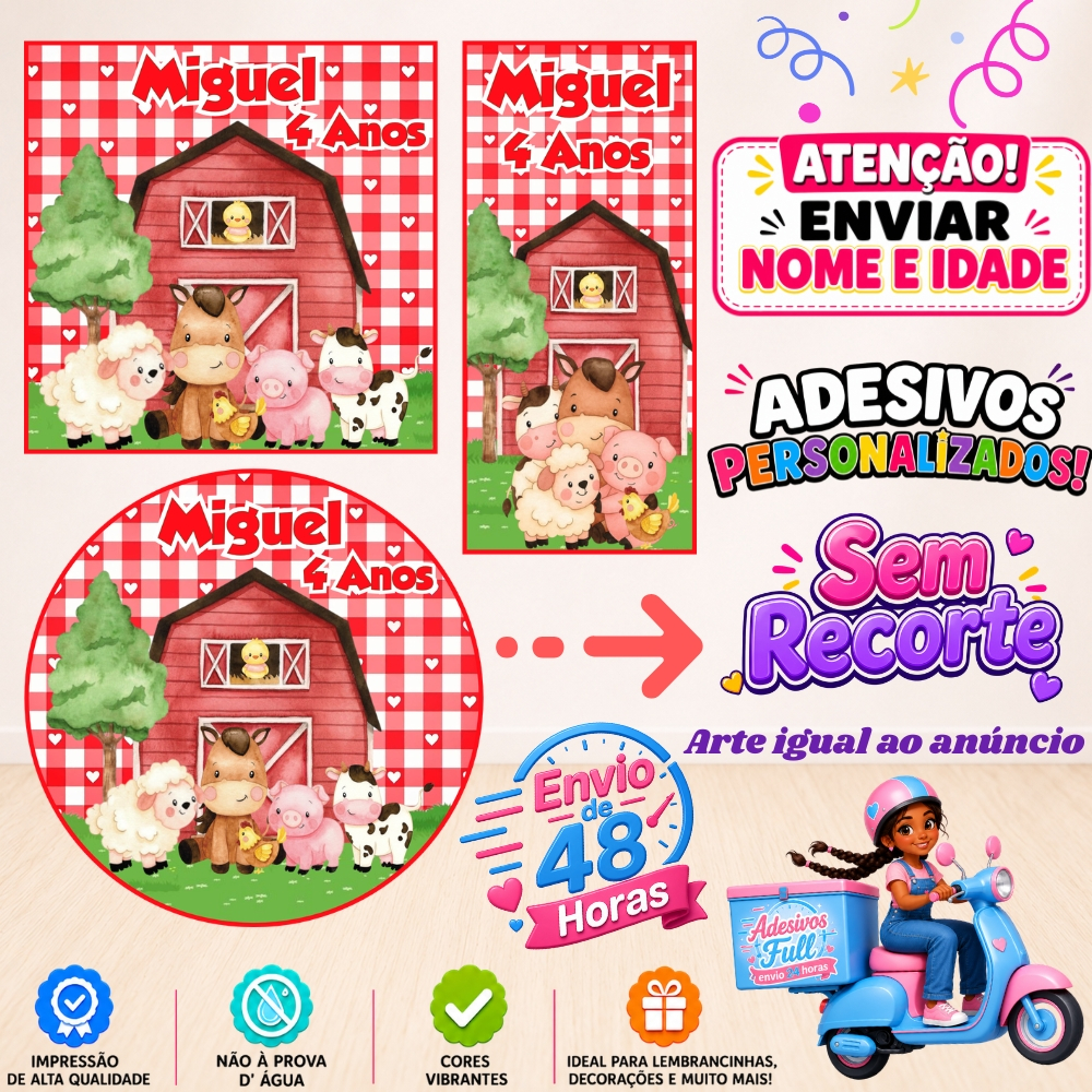 Fazendinha Vermelha - 100/60/40 Adesivos Personalizados Lembrancinhas Festa Aniversário