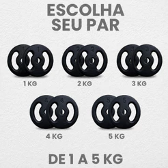 Par de Anilhas Pintadas 1kg a 5kg em Ferro Fundido Academia Musculação Treino Funcional Fitness