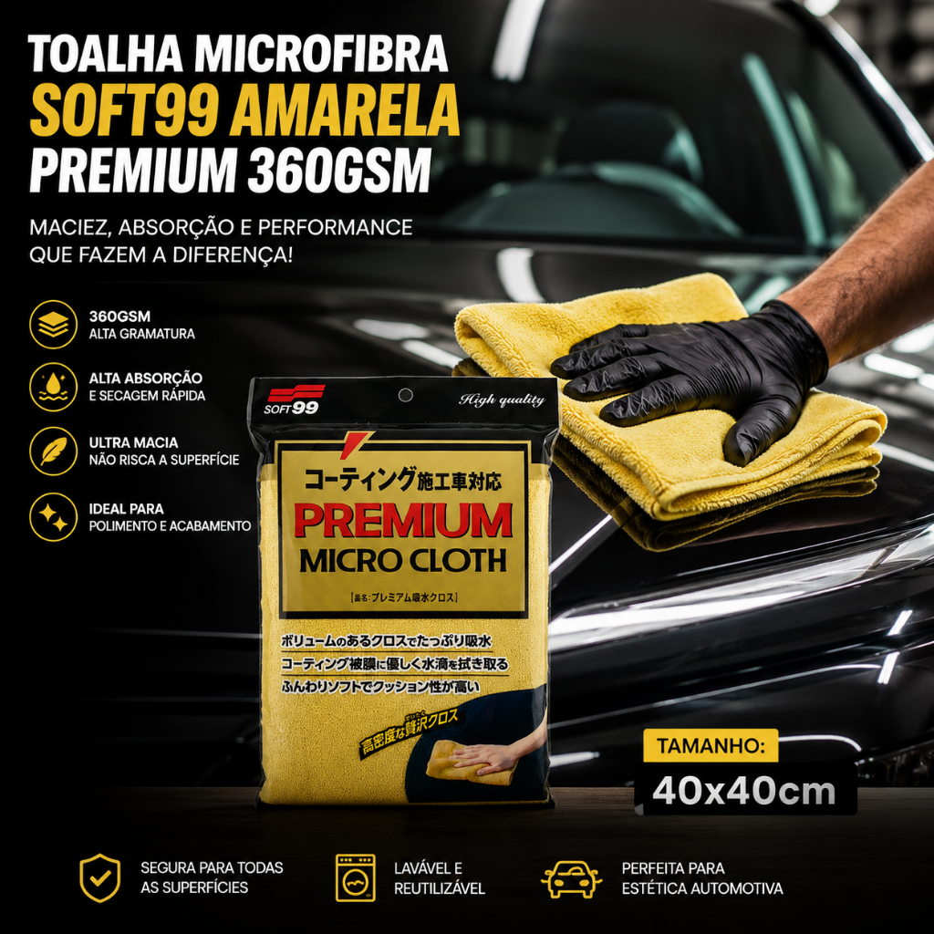 Toalha Microfibra Soft99 Amarela Premium 360GSM Ultra Macia Automotiva