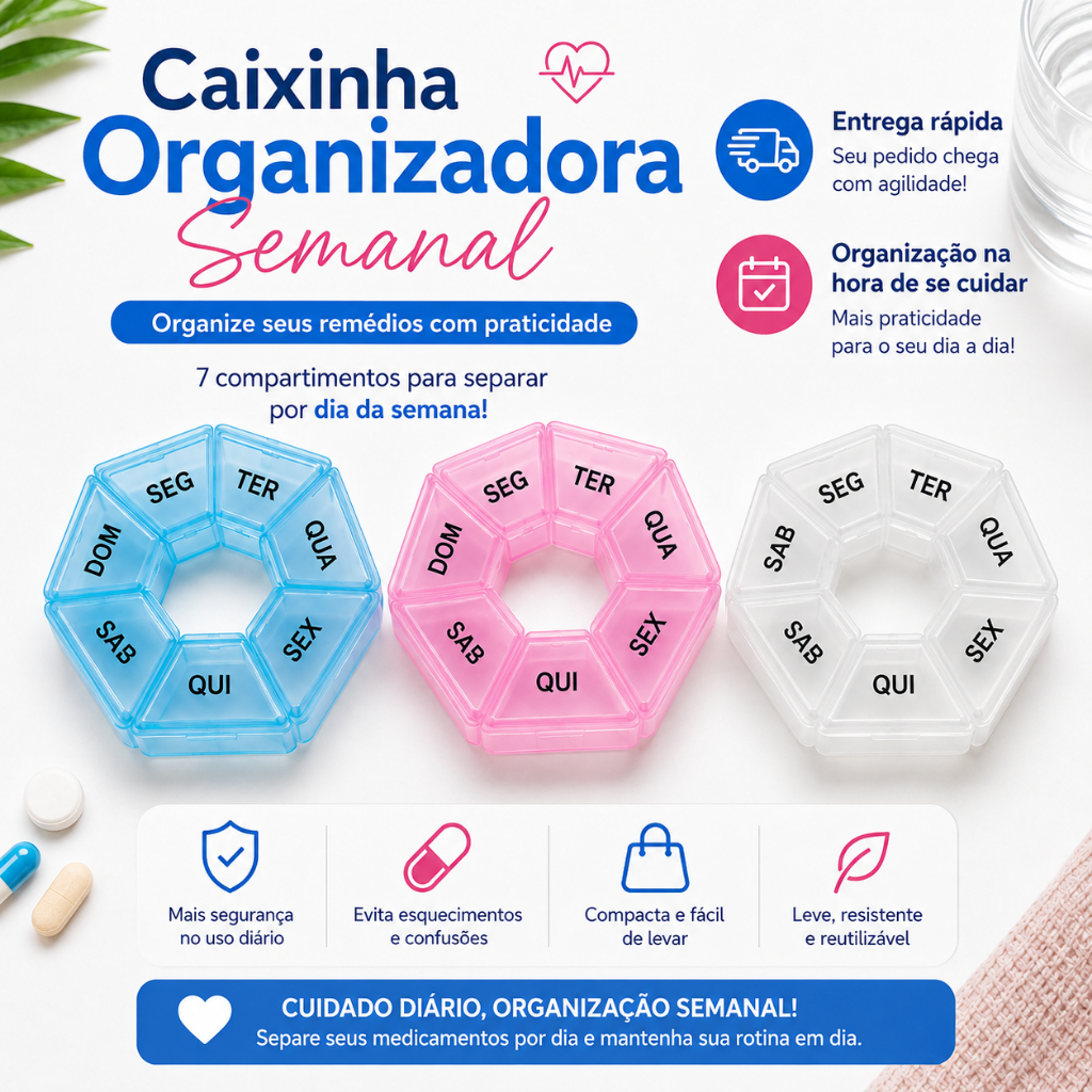 Caixinha Organizadora de Remédio Semanal Porta Comprimidos 7 Dias Compacta Bolsa Viagem