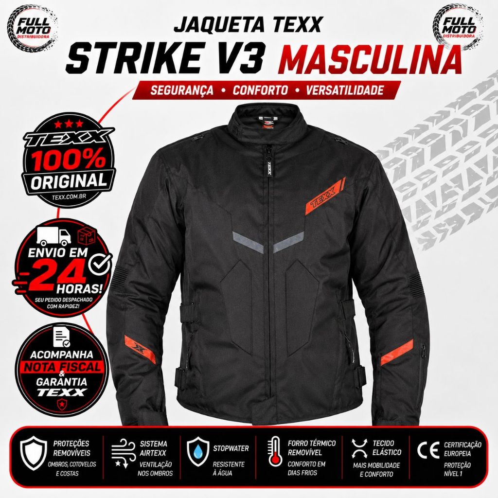 Jaqueta Texx New Strike V3 Masculina Preta Confortável Resistente a Chuva Moto