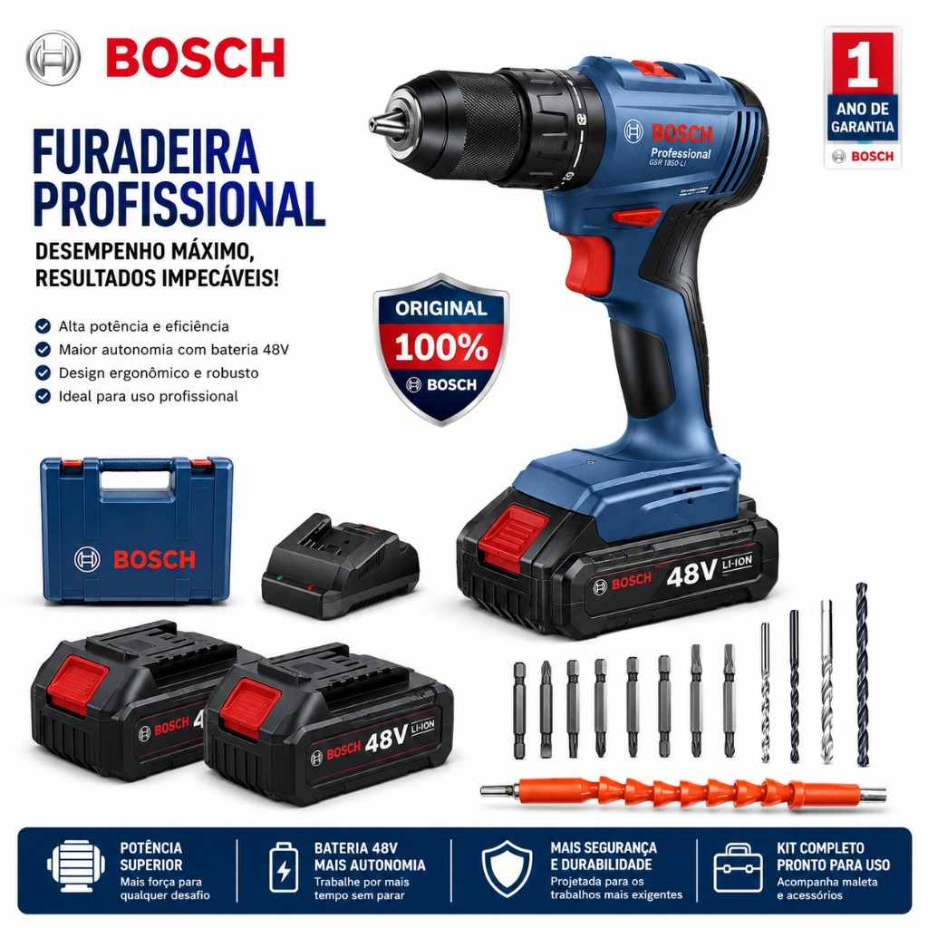 Bosch 48V Drill/Driver/Screwdriver with 2 Batteries, Original Bosch Impact Drill, 100% Guaranteed.