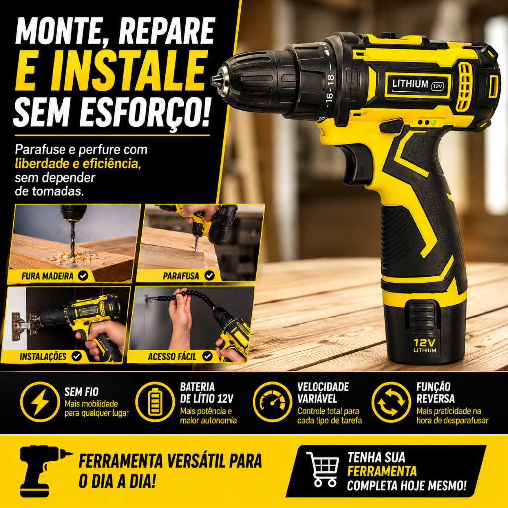 Parafusadeira Furadeira Sem Fio 12V Bateria Lítio Kit 24 Peças Mandril Rápido Bivolt Reversível