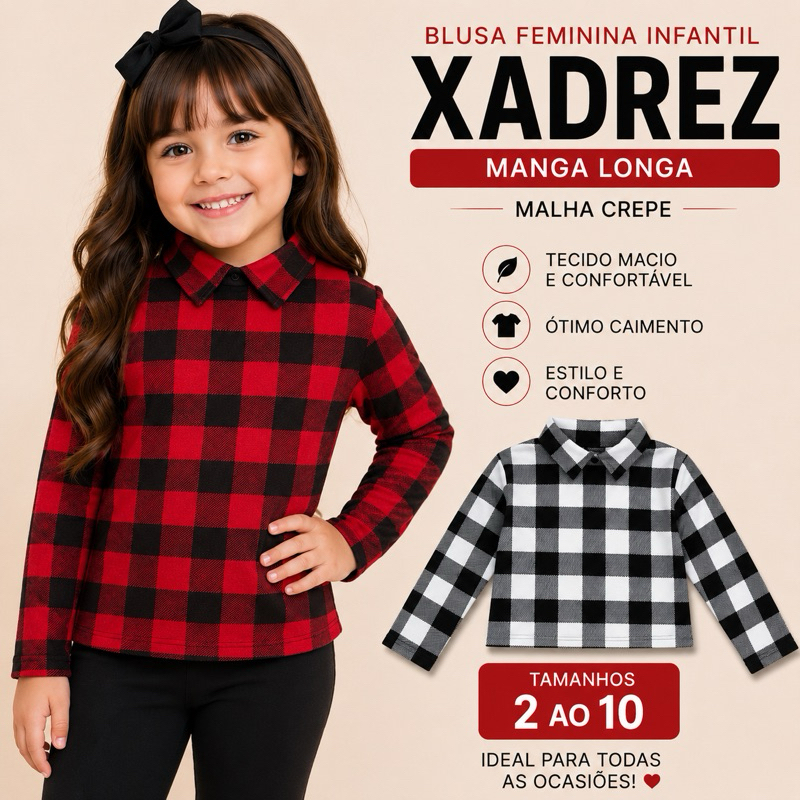 Blusa Feminina Infantil Xadrez Manga Longa Gola  Malha Crepe Tam 2 ao 10