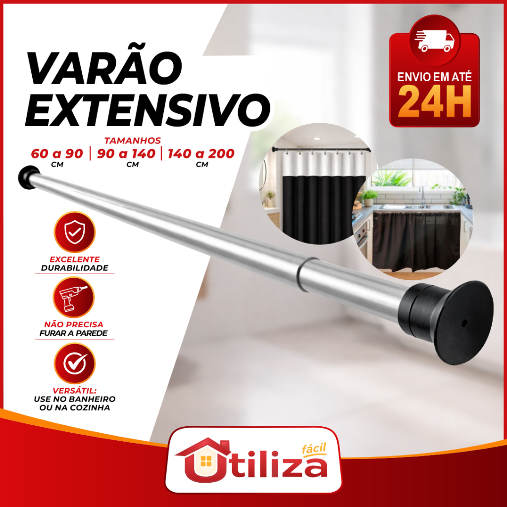 Varão Extensível Ajustável 60 a 90cm, 90 a 1,40m e 1,20 a 2m - Cortina Box e Cabides