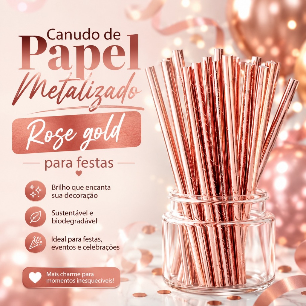 50 Canudos de papel METALIZADO Liso rosê Gold festas baladas formaturas aniversários eventos