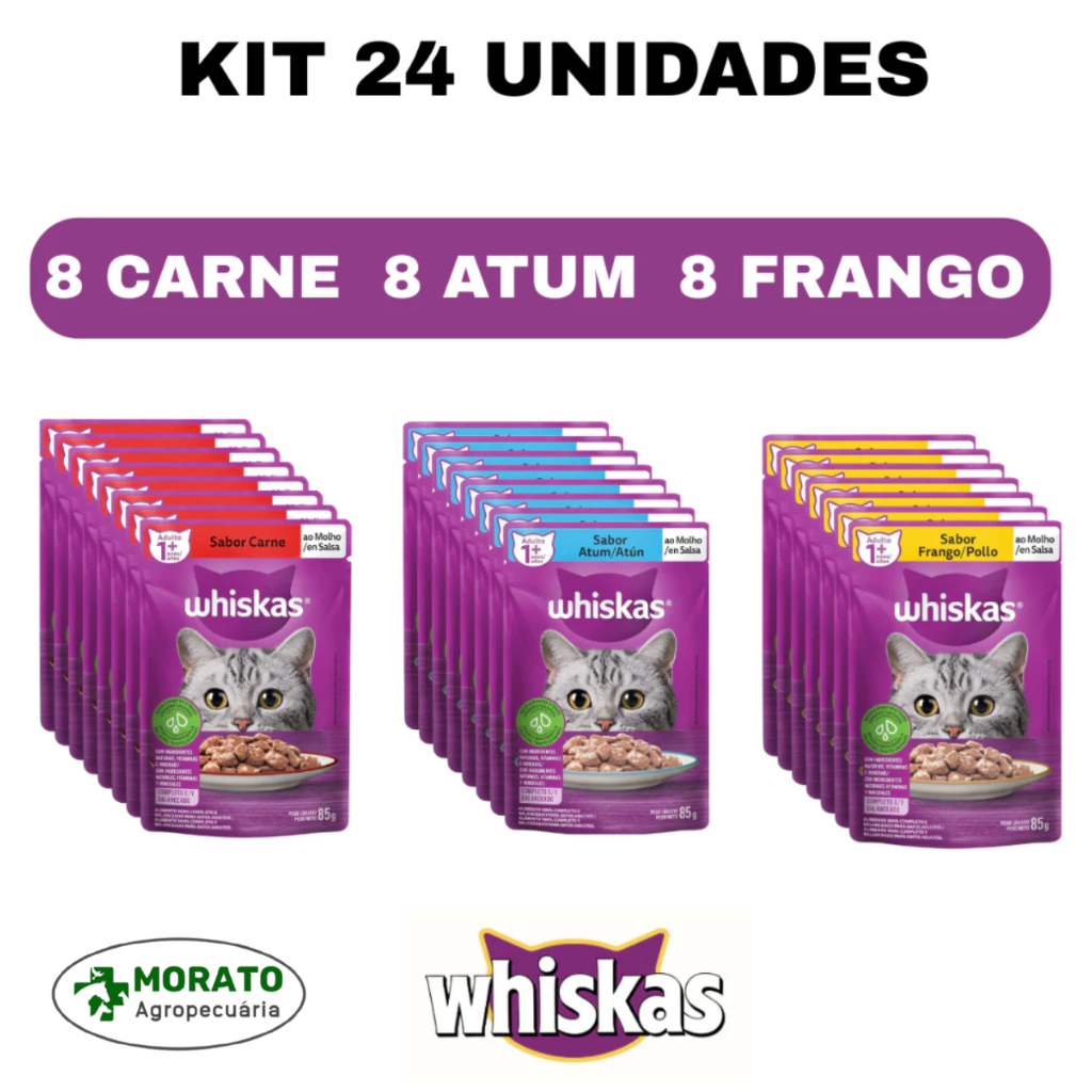 Kit 24 unidades Whiskas Sachê 85g Sachê para Gatos Adultos Sabores Frango Atum Carne Alimento Úmido