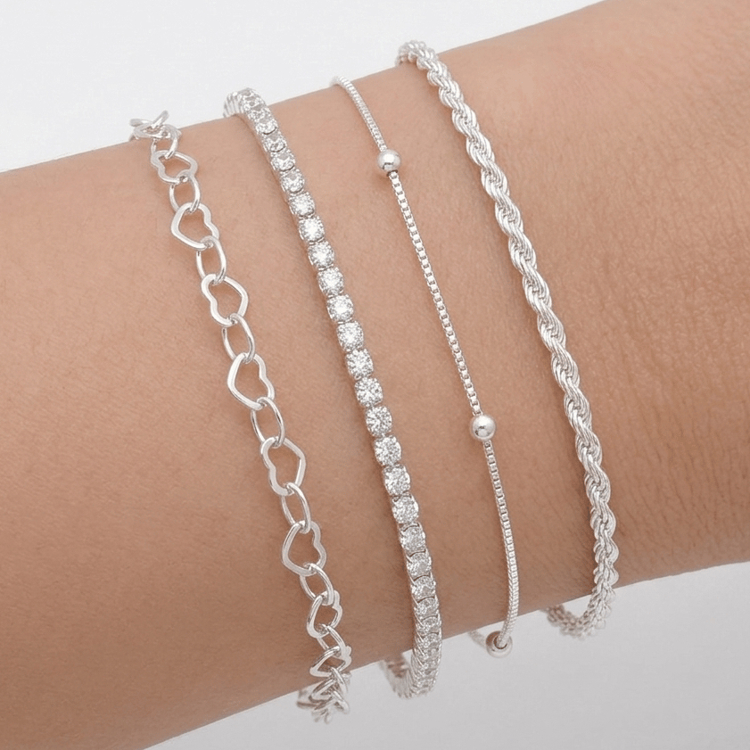 Kit 4 Pulseiras Femininas Prata 925 Coração Strass Cordão Baiano Bolinhas Elo Semijoia Presente + Brinde