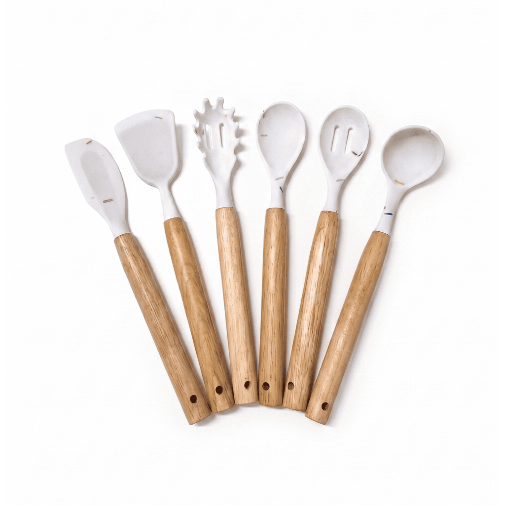 Kit Mini Utensilio De Cozinha Silicone Cabo Madeira 6 Peças