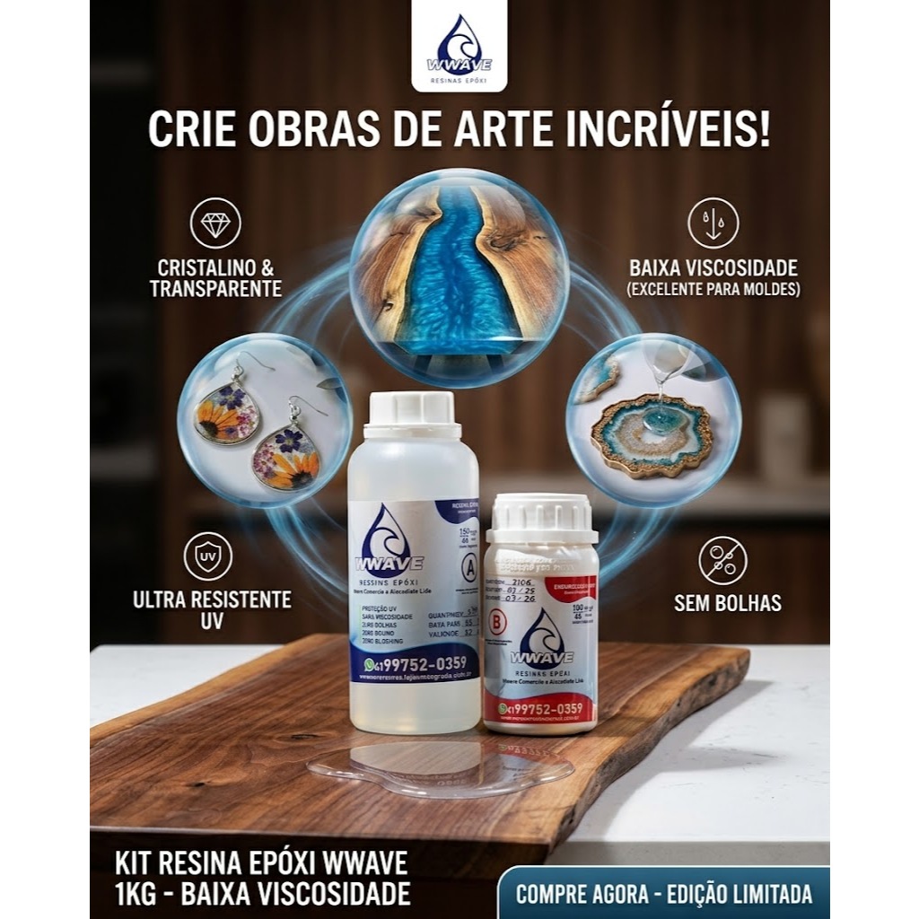 Kit Resina Epóxi 1 kg - Alta Viscosidade + Endurecedor com Proteção UV Artesanatos, Joias, Madeira, Projetos Realistas