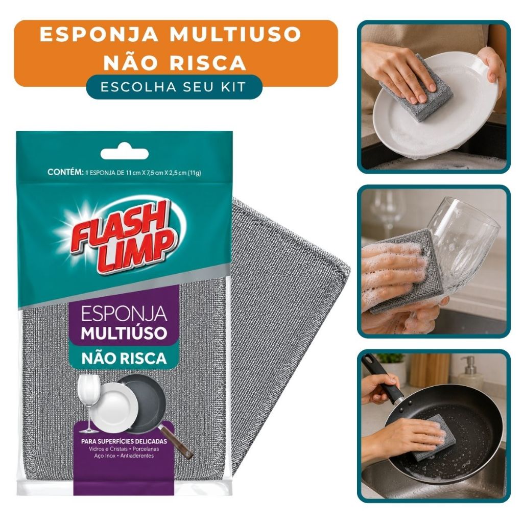 Esponja Não Risca Louça Vidro Porcelada Multiuso Poliester Flash Limp Anti Risco Prateada