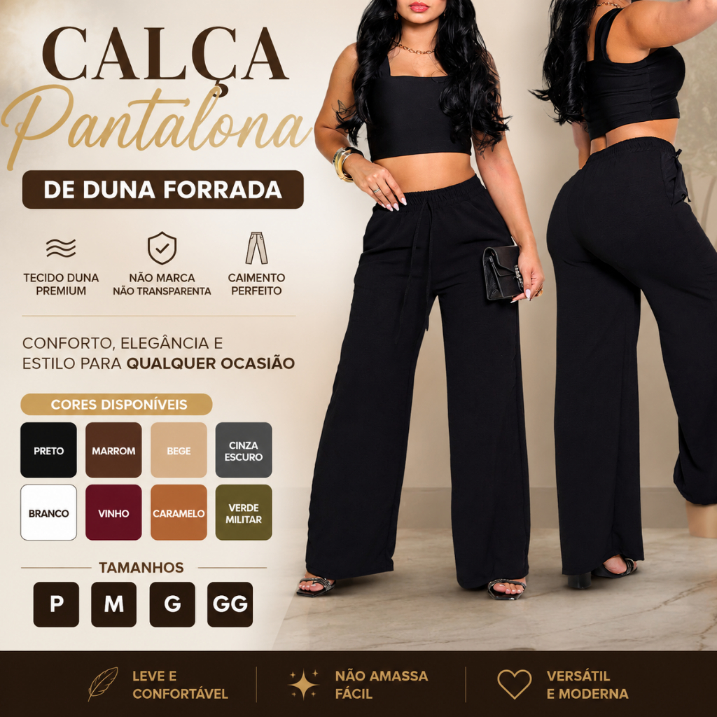 Calça Pantalona FORRADA DUNA Feminina Cintura Alta Com Bolso Tecido Fresco