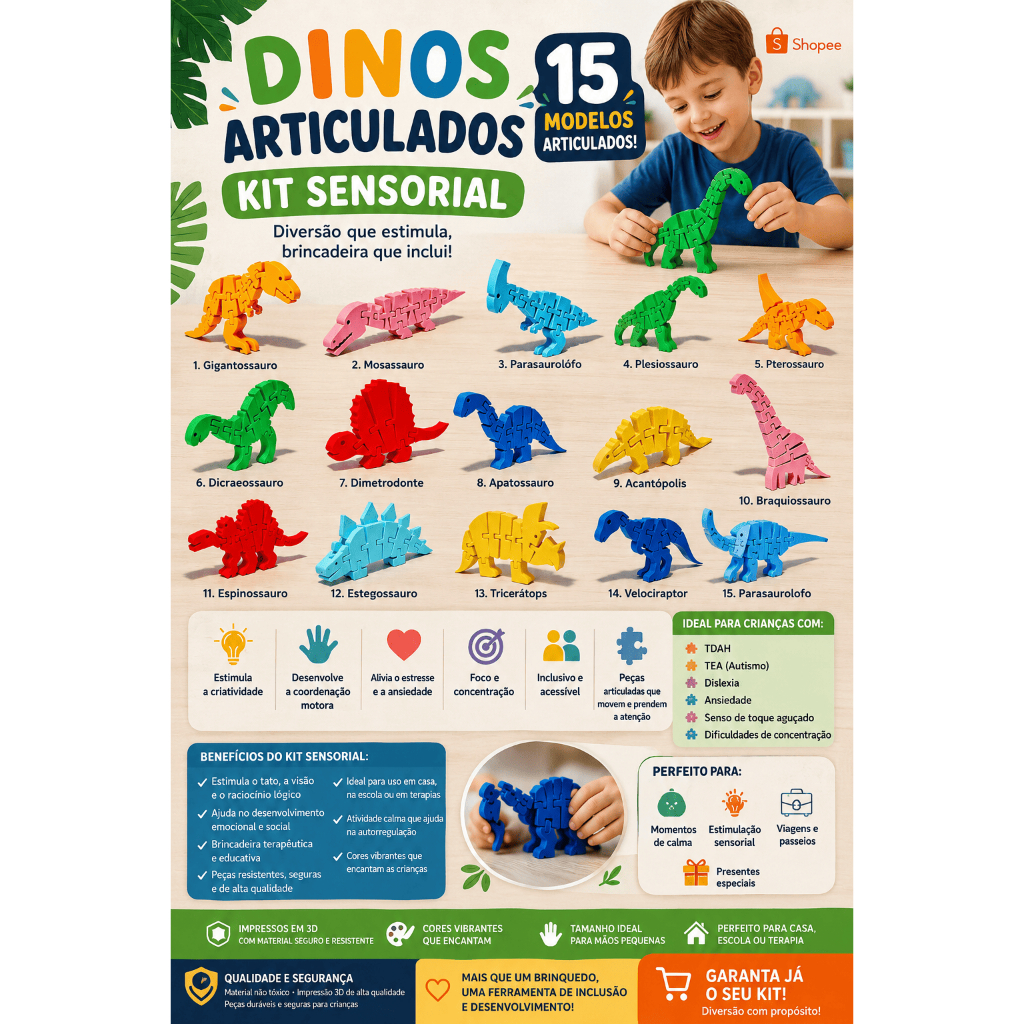 Dinossauros Articulados 3D Kit Sensorial Infantil | TDAH TEA Autismo | Brinquedo Educativo