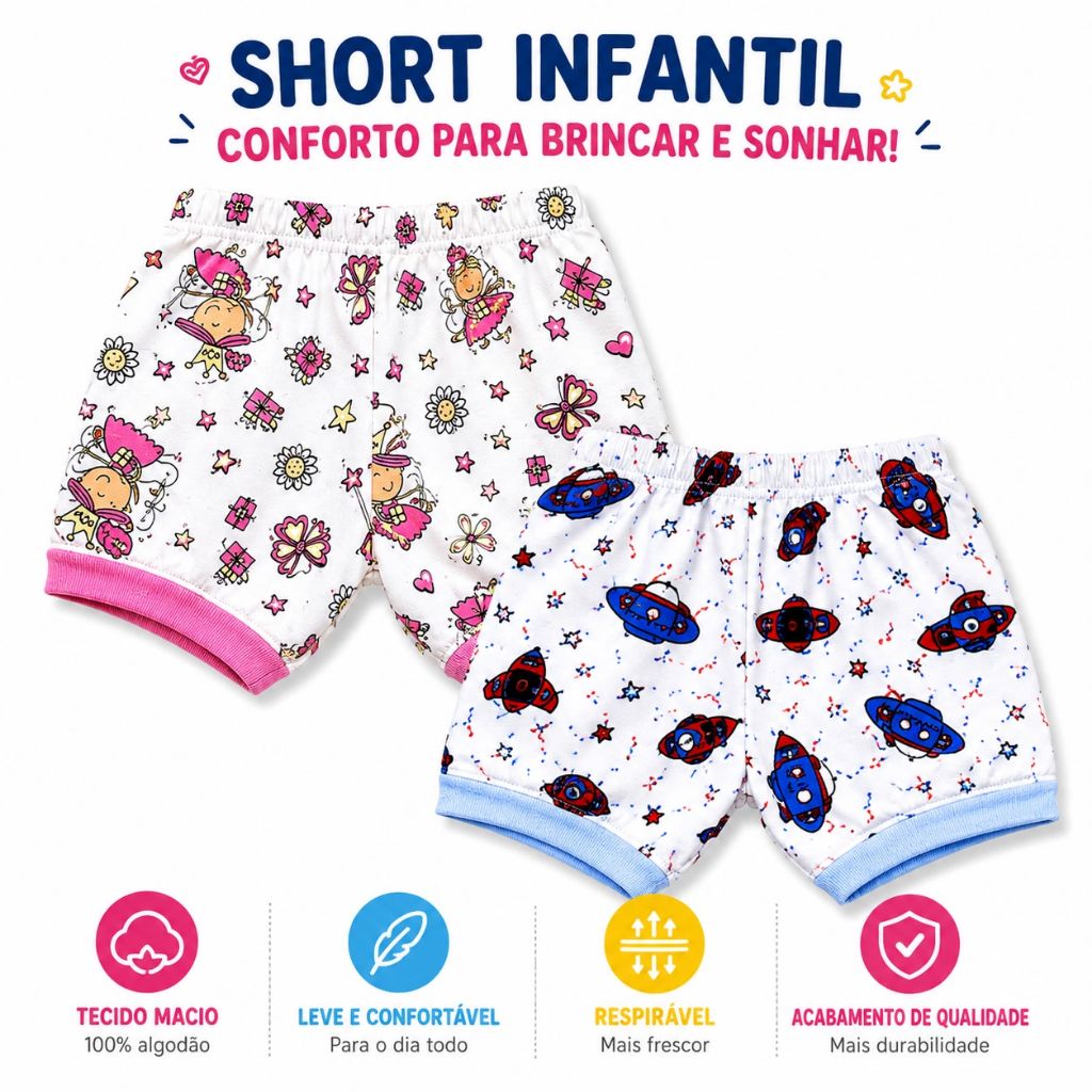 Pijama short infantil avulso menino e menina estampado 100% algodão confortavel