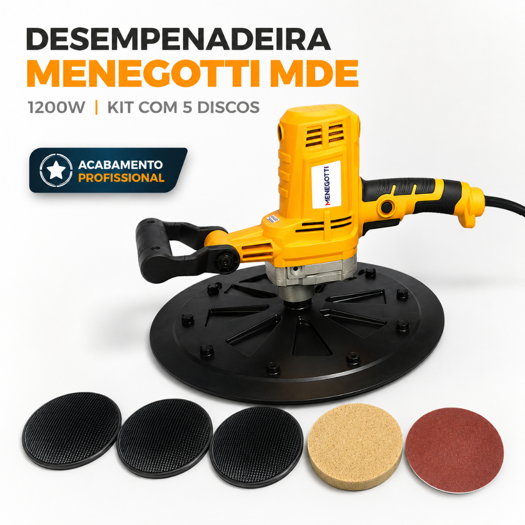 Desempenadeira Elétrica Menegotti MDE 1200W 380mm com 5 Discos para Reboco Parede e Teto