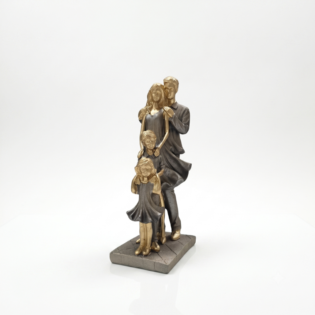 Escultura Família Casal C/ 2 Filhos Bronze Imperial Estatueta Decorativa Gesso 25cm Para Decorar Sala Quarto Escritório