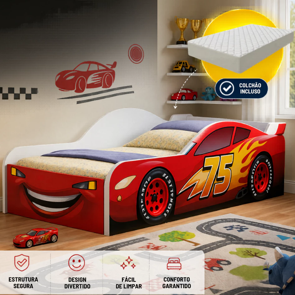 Cama Carro Infantil McQueen em MDF Pintura UV Colchão 150x70