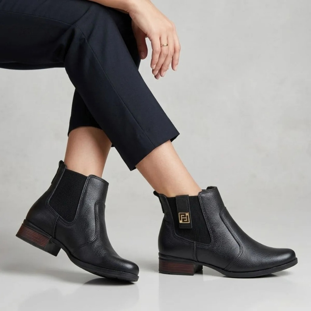Bota Feminina Chelsea Preta Pegada Couro Legítimo Conforto Premium