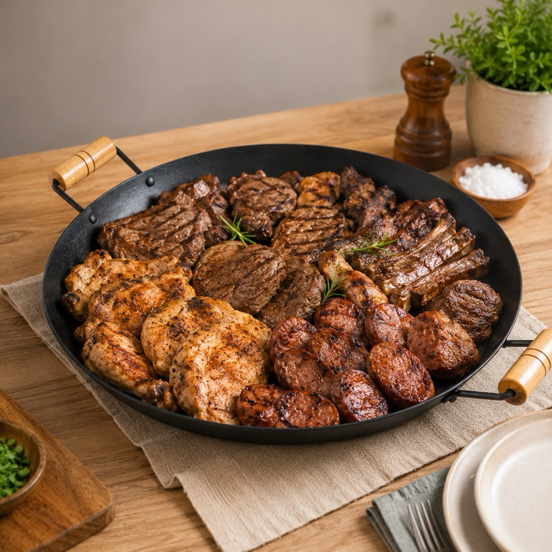 Disco de Arado Tacho Porções - Chapa de Arado com Alças de Madeira, Ideal para Fogão e Churrasco