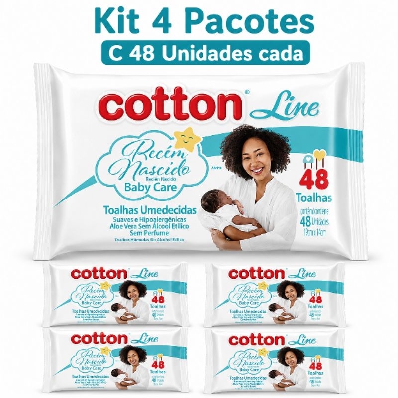 Lenços Umedecidos Recen Nascido - Kit 4 Pacotes C/ 48 Toalhas cada - Cotton Line