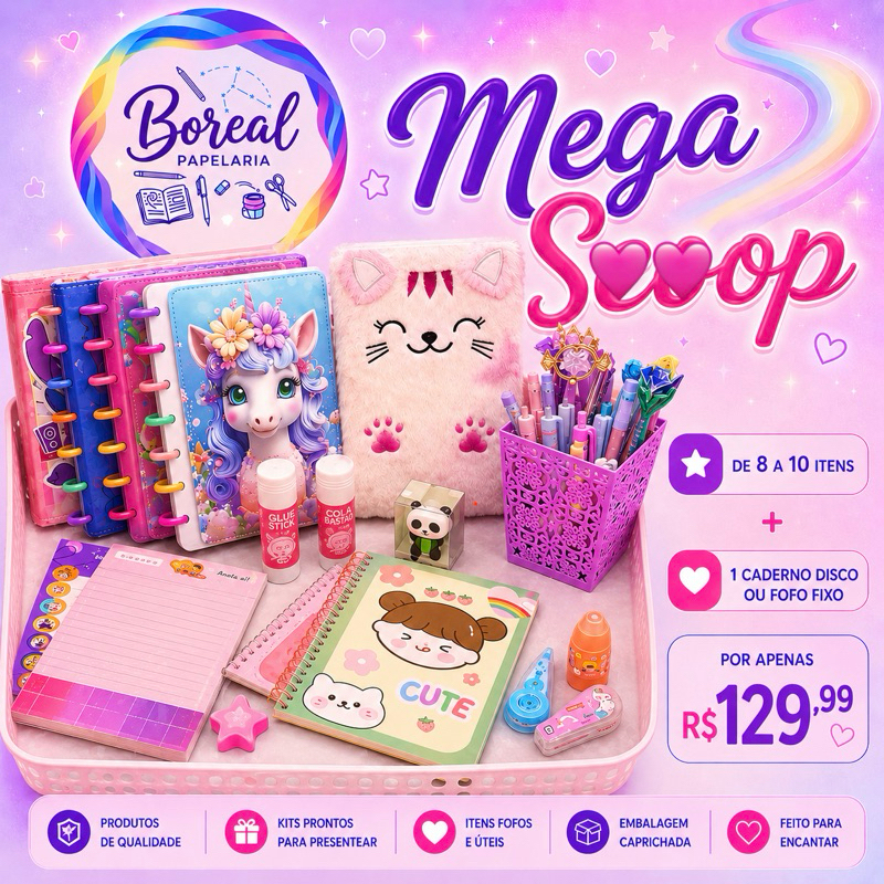 Mega Scoop de Papelaria Fofa de 08 a 10 Itens + 1 Caderno Fofo ou Disco Fixo | Boreal Papelaria