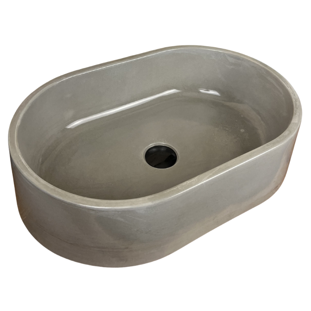 Cuba Sobrepor Cinza Banheiro Oval Grande 50x32 de Apoio Bancada Rustica Cimento Brilhante