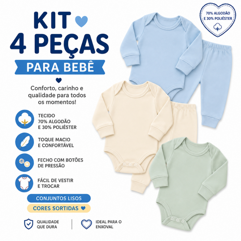 kit 4 peças mijão calça e body manga longa infantil bebe masculino e feminino borry.
