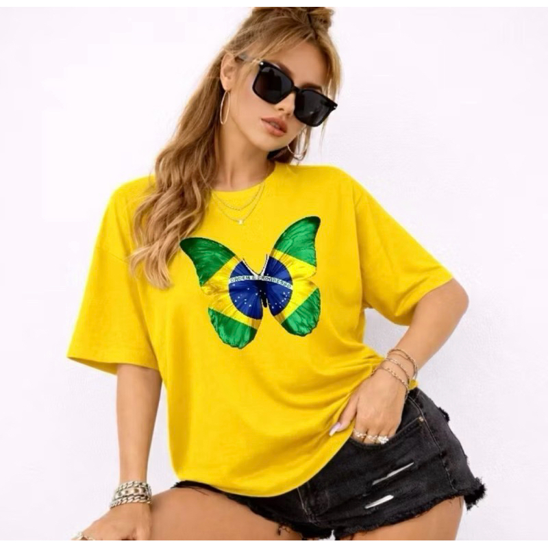 Camiseta Feminina T-Shirt Brasil Borboleta Blusa Lançamento Copa do Mundo 2026 em 100% Algodão