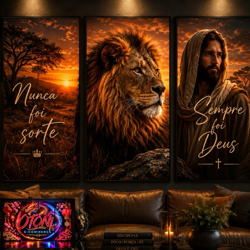Quadro Decorativo Grande Jesus e Leão De Judá Religioso Nunca Foi Sorte Sempre Foi Deus 3 Peças 122x60