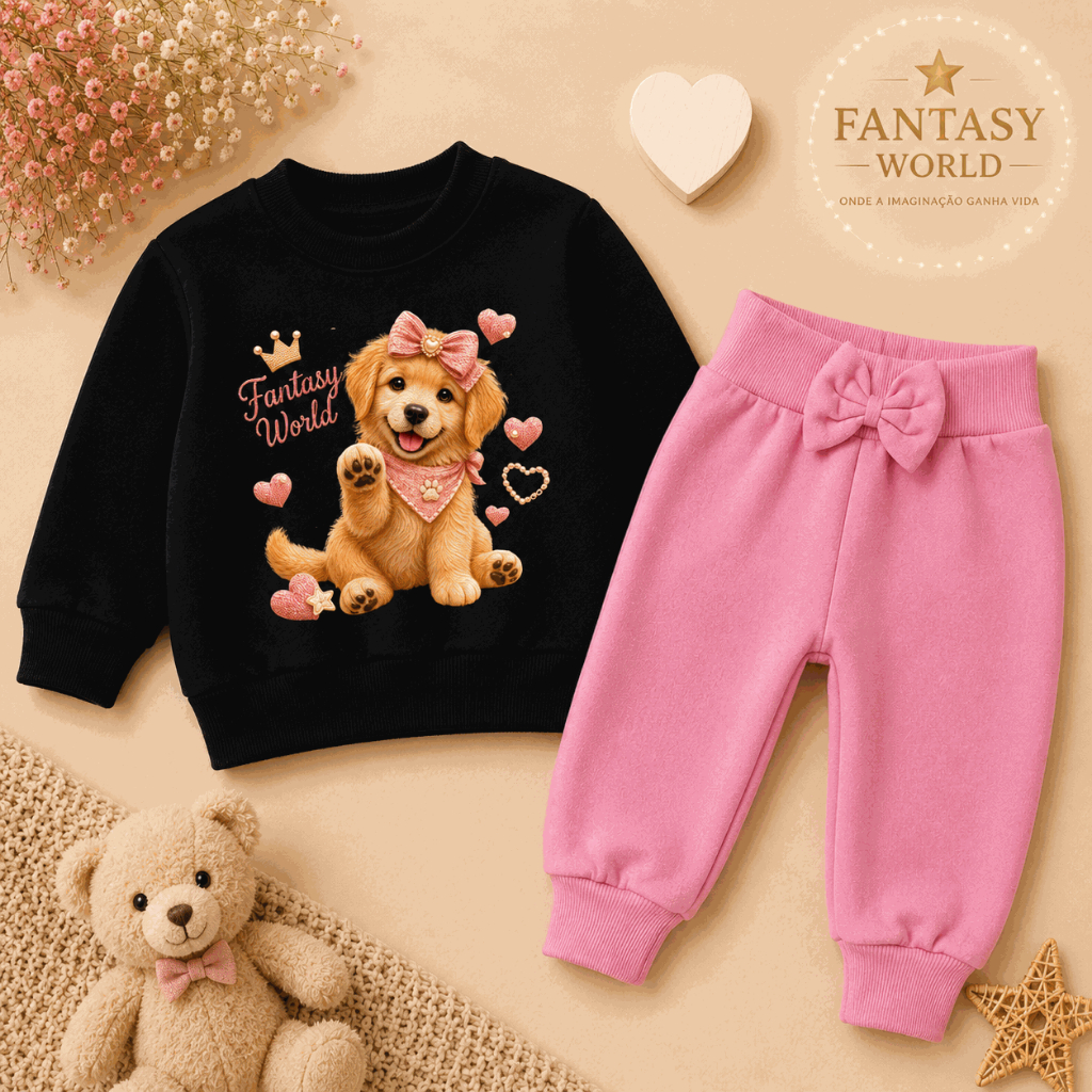 Conjunto Moletom Inverno Infantil Bebê Menina Estampa Cachorrinho Golden Retriever