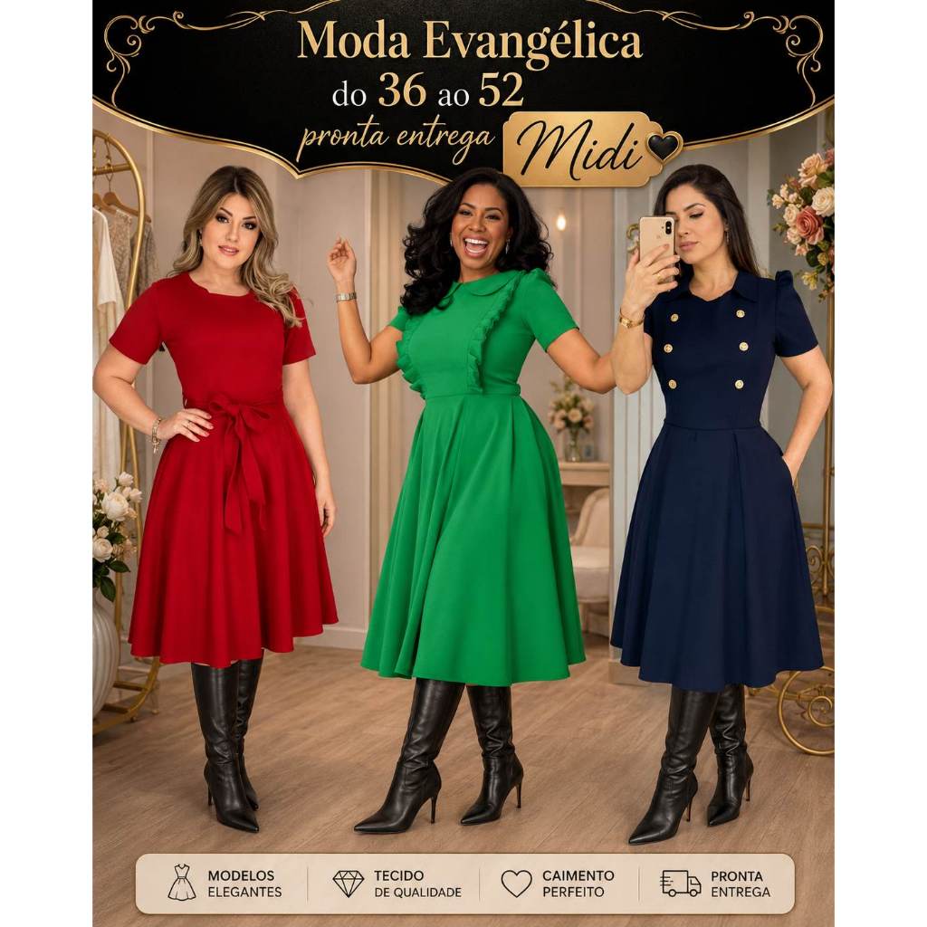 VESTIDO PLUS SIZE MODA EVANGÉLICA GOSPEL CRISTÃ MODERNA Vestido Midi Evangélico Moda Modesta